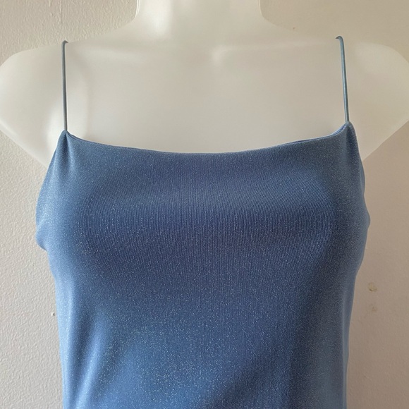 VINTAGE 90s Y2K BABY BLUE GLITTER OPEN BACK GOWN PROM DRESS W/ SIDE SLIT - Picture 9 of 9